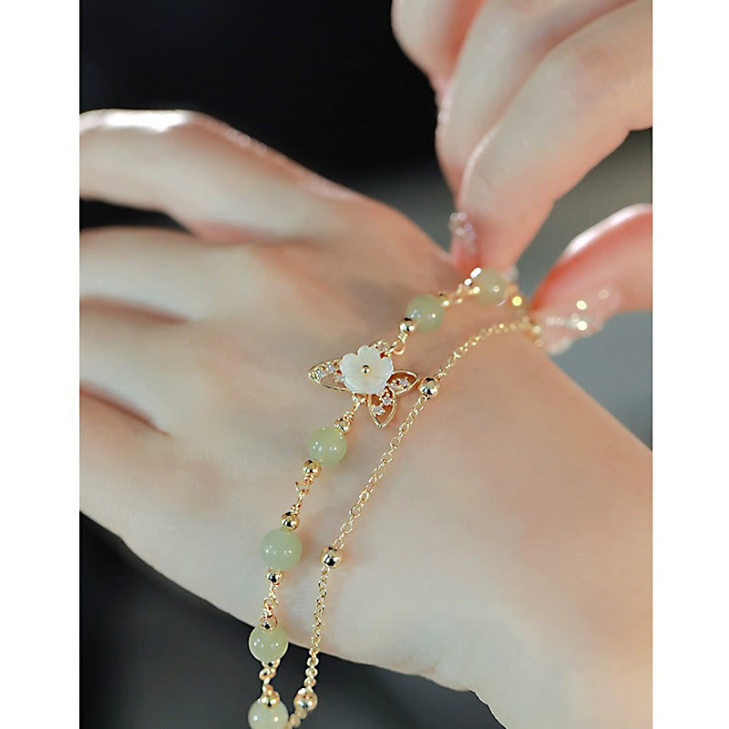 Buddha Stones 14K Gold Plated Jade Butterfly Tridacna Stone Flower Double Layer Luck Bracelet