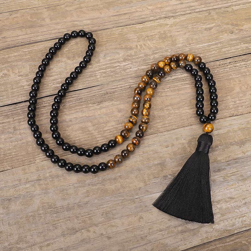 Buddha Stones Tibetan Black Onyx Tiger Eye Protection Necklace Mala Set