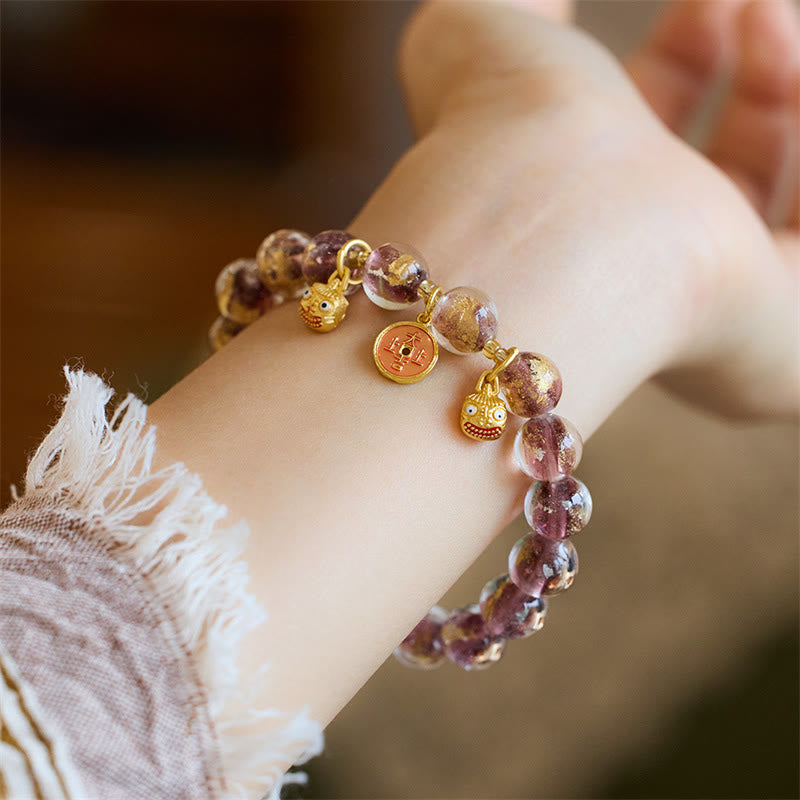 Buddha Stones Gold Swallowing Beast Copper Coin Good Luck Charm Liuli Glass Bead Fortune Bracelet