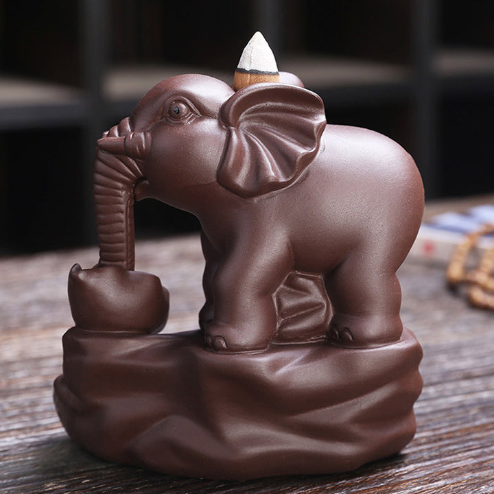 Tibetan Elephant Purple Clay Backflow Smoke Fountain Protection Incense Burner Decoration