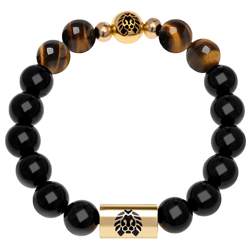 Buddha Stones Black Onyx Tiger Eye Bead Lion Engraved Protection Bracelet