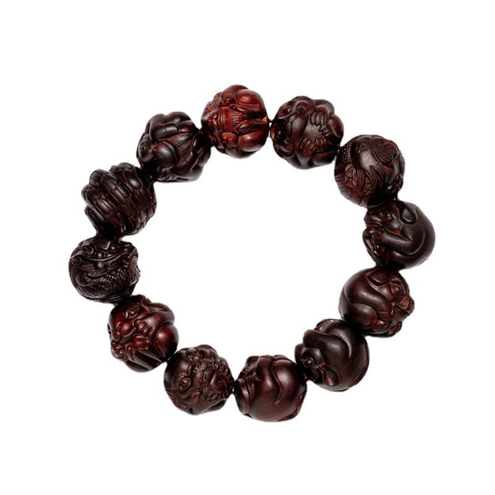 Buddha Stones Chinese Zodiac Engraved Small Leaf Red Sandalwood Protection Bracelet