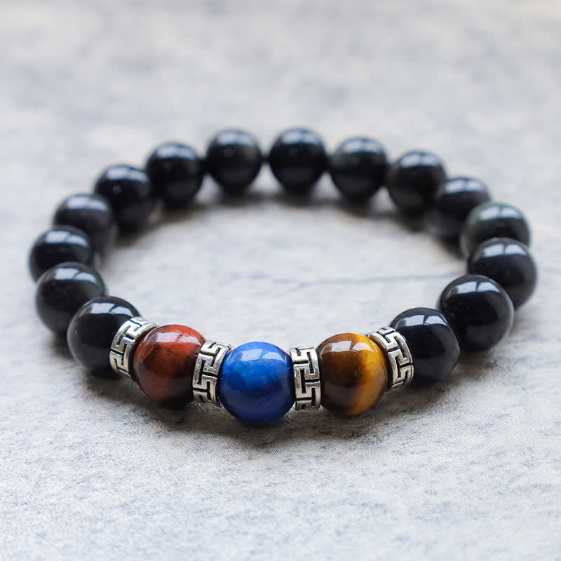 Natural Black Obsidian Tricolor Tiger Eye Strength Bracelet