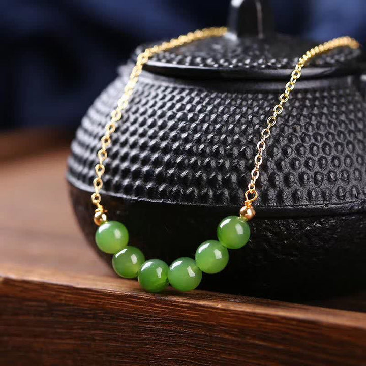 14k Gold Plated Hetian Cyan Jade Beaded Luck Necklace Pendant