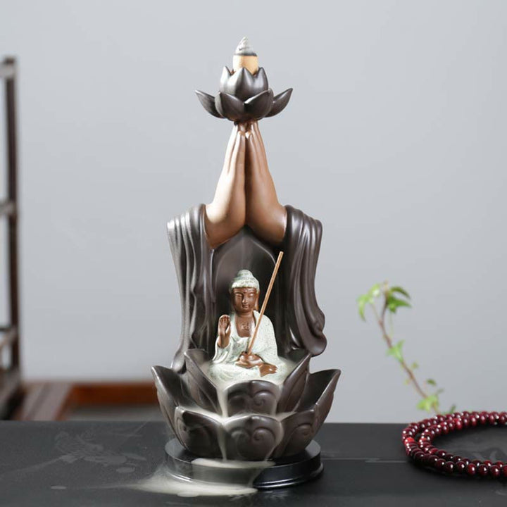 Buddha Avalokitesvara Chenrezig Ksitigarbha Ceramic Lotus Blessing Backflow Incense Burner