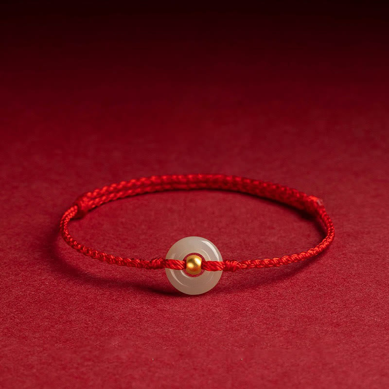 Buddha Stones 999 Gold Bead Round Peace Buckle Hetian Jade Luck Abundance Braided Bracelet Anklet