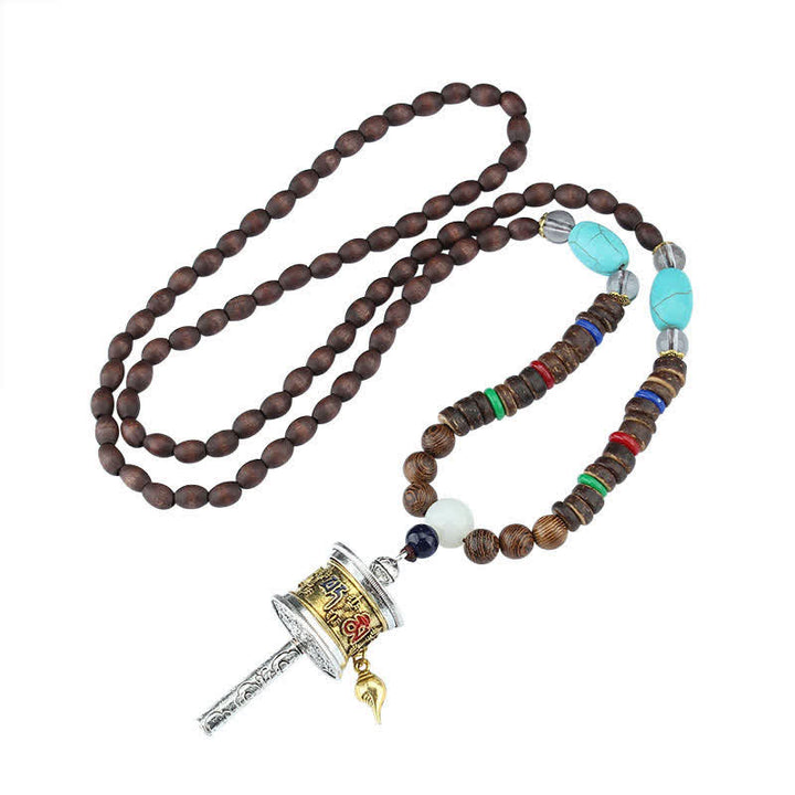 Buddha Stones Tibetan Om Mani Padme Hum Prayer Wheel Rotation Vajra Wood Necklace Pendant