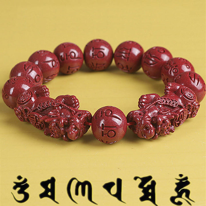 Natural Double PiXiu Cinnabar Om Mani Padme Hum Wealth Luck Bead Bracelet