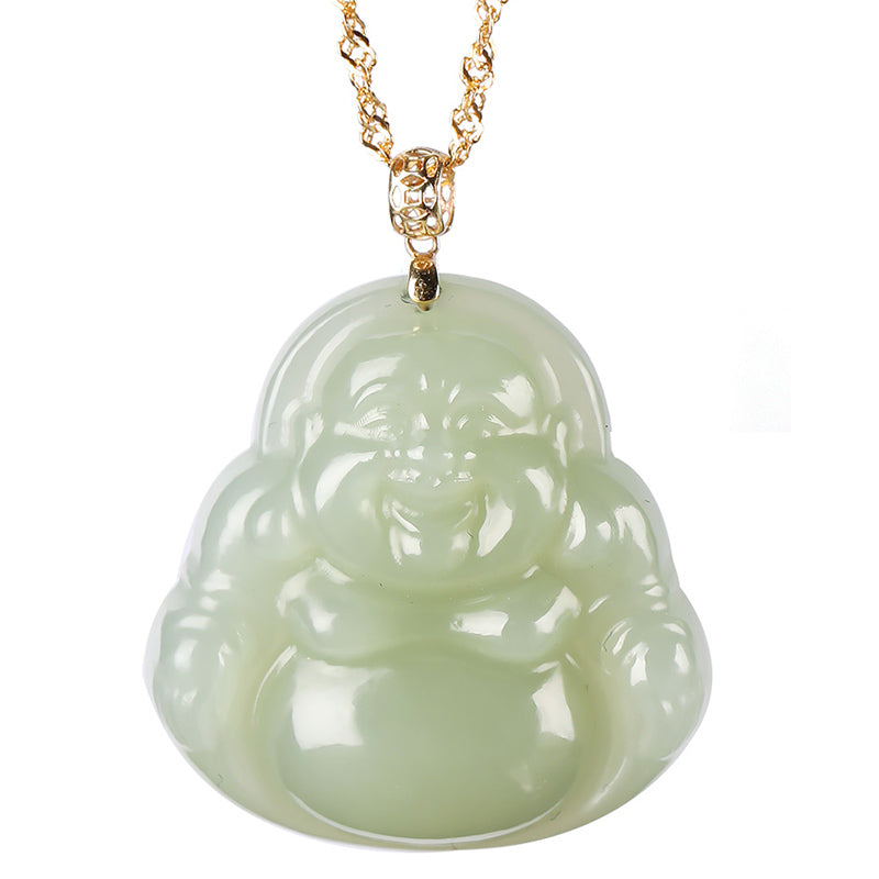 Buddha Stones 925 Sterling Silver Laughing Buddha Cyan Jade 18K Gold Success Necklace Pendant