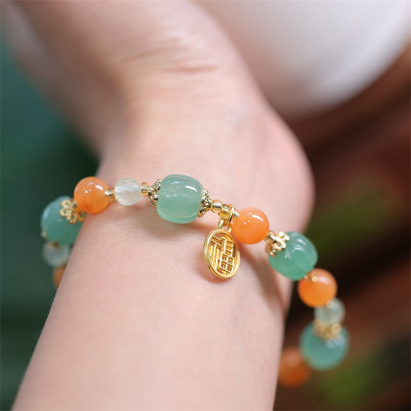 Buddha Stones Natural Golden Silk Jade Pumpkin Bead Fu Character Charm Wealth Bracelet