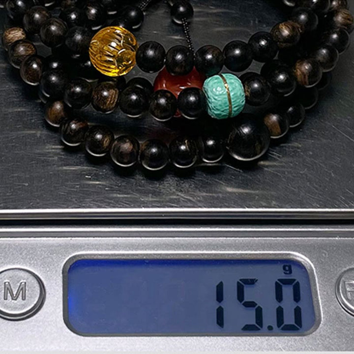 Buddha Stones Nha Trang Bai Qinan Agarwood Turquoise Amber Red Agate Strength Meditation Bracelet