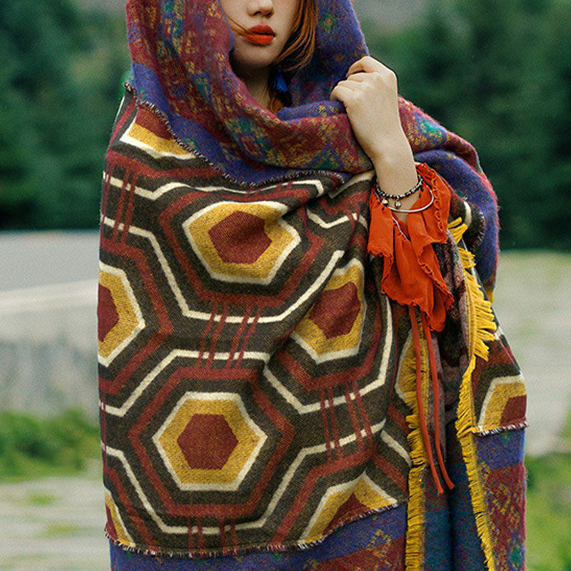 Buddha Stones Tibetan Shawl Brown Blue Red Geometric Shapes Pattern Winter Cozy Travel Scarf Wrap