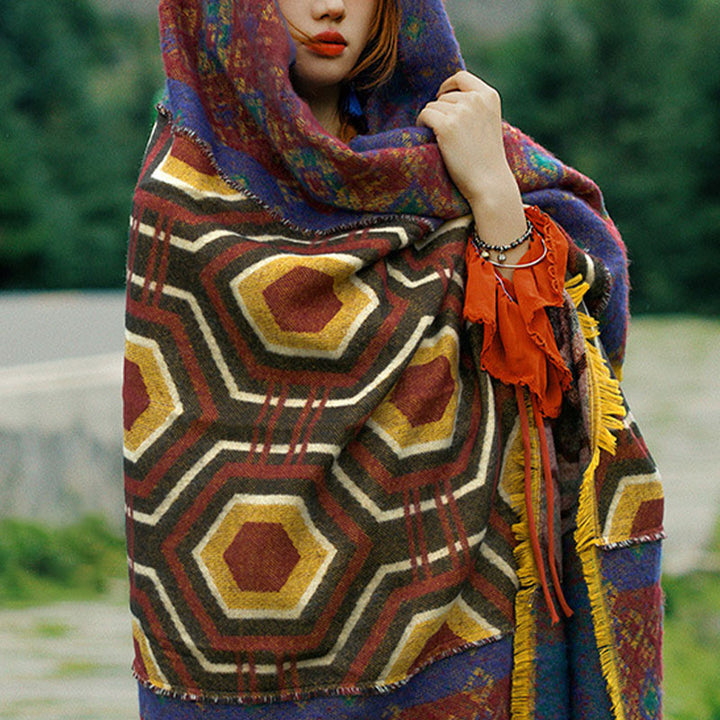 Buddha Stones Tibetan Shawl Brown Blue Red Geometric Shapes Pattern Winter Cozy Travel Scarf Wrap