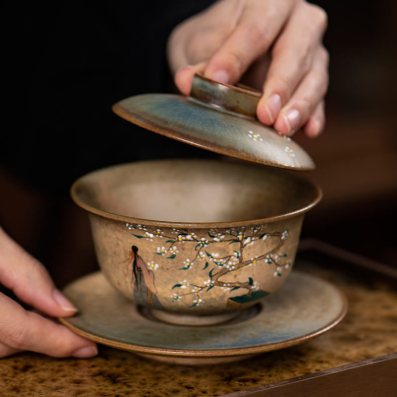 Buddha Stones Jingdezhen Hand Painted Ru Kiln Porcelain Hanfu Girl Flower Ceramic Gaiwan Sancai Teacup Kung Fu Tea Cup And Saucer With Lid