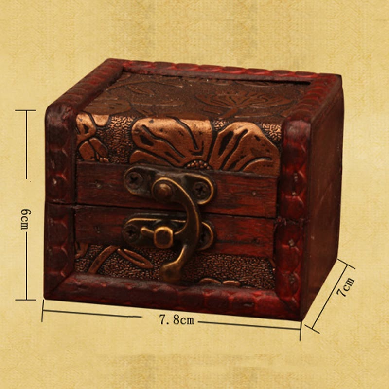 Buddha Stones Retro Small Square Wood Jewelry Box Lotus Grass Flower Grape Copper Coin Daffodil Jewelry Storage Box