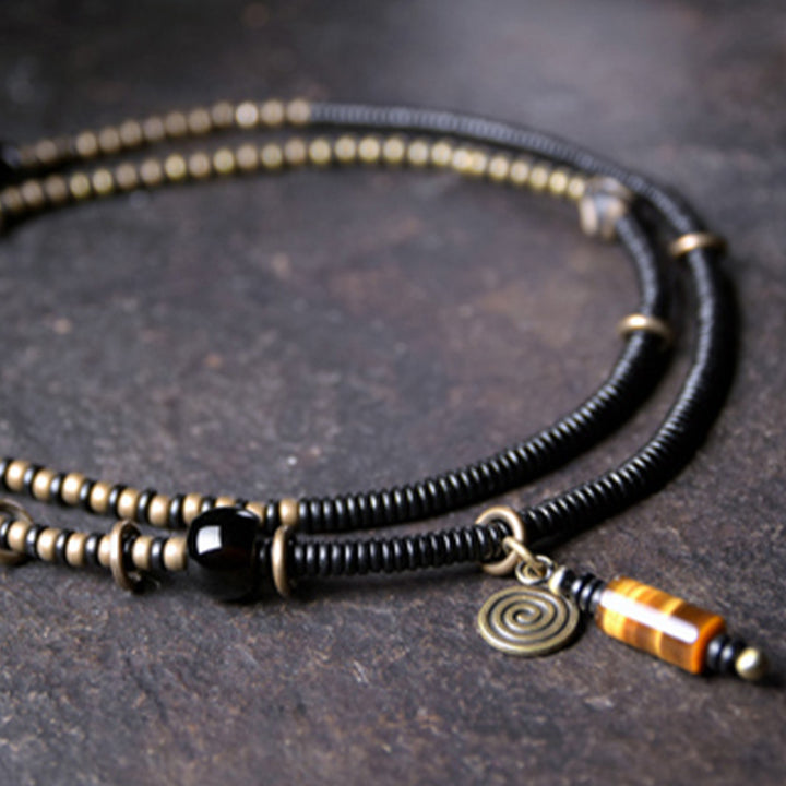 Buddha Stones Ebony Wood Dzi Bead Copper Peace Couple Bracelet Necklace Pendant