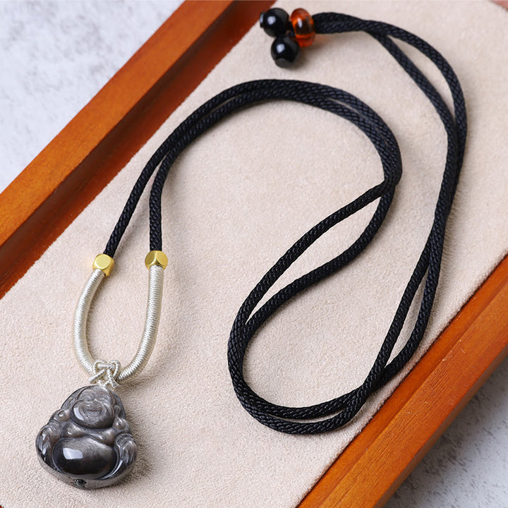 Buddha Stones Natural Silver Sheen Obsidian Laughing Buddha Protection Necklace Pendant