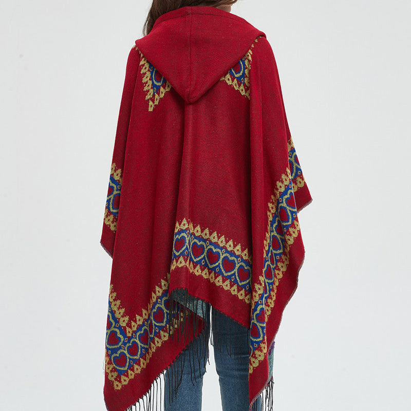 Buddha Stones Tibetan Shawl Red Love Heart Tassel Hooded Cloak Winter Cozy Travel Scarf Wrap