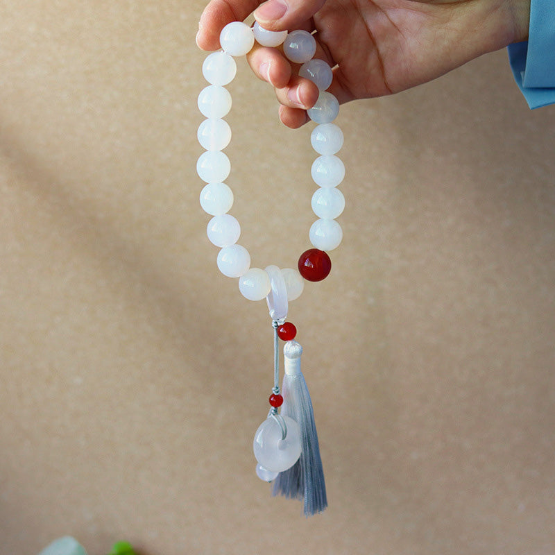 Buddha Stones White Agate Red Agate Luck Wrist Mala Tassels Pocket Mala Car Decoration