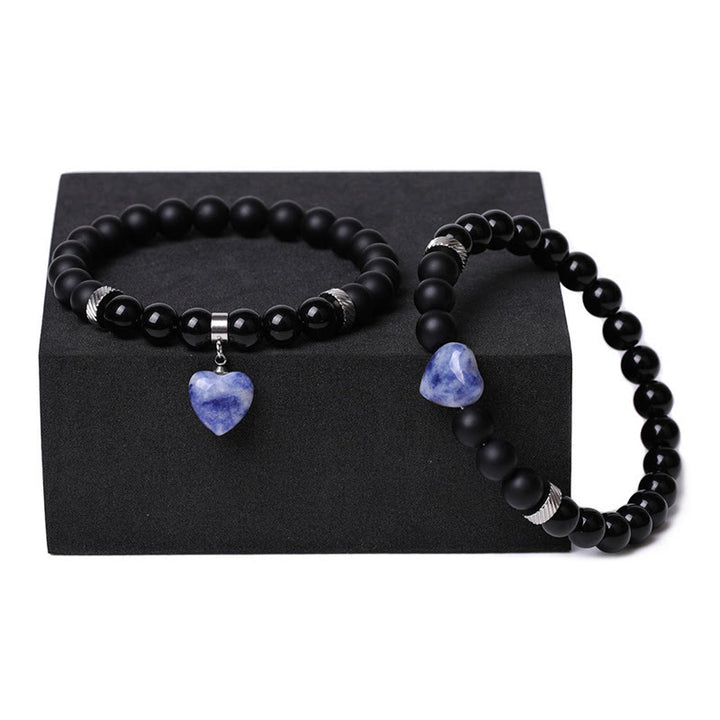 Buddha Stones 2Pcs Black Onyx Crystal Stone Love Heart Protection Support Couple Bracelet