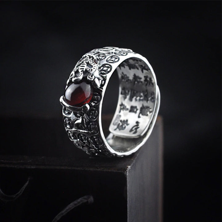 Buddha Stones FengShui PiXiu Red Garnet Wealth Ring