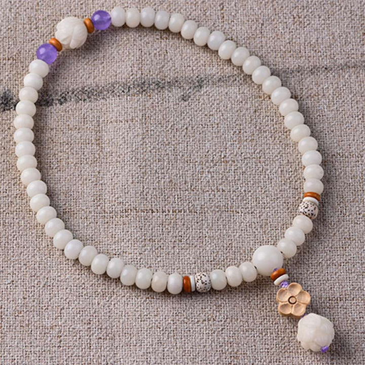 Buddha Stones Tibetan White Jade Bodhi Lotus Blessing Bracelet