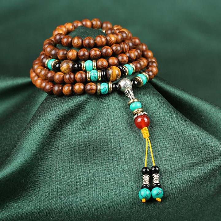 Buddha Stones 108 Beads Rosewood Tiger Eye Mala Healing Bracelet