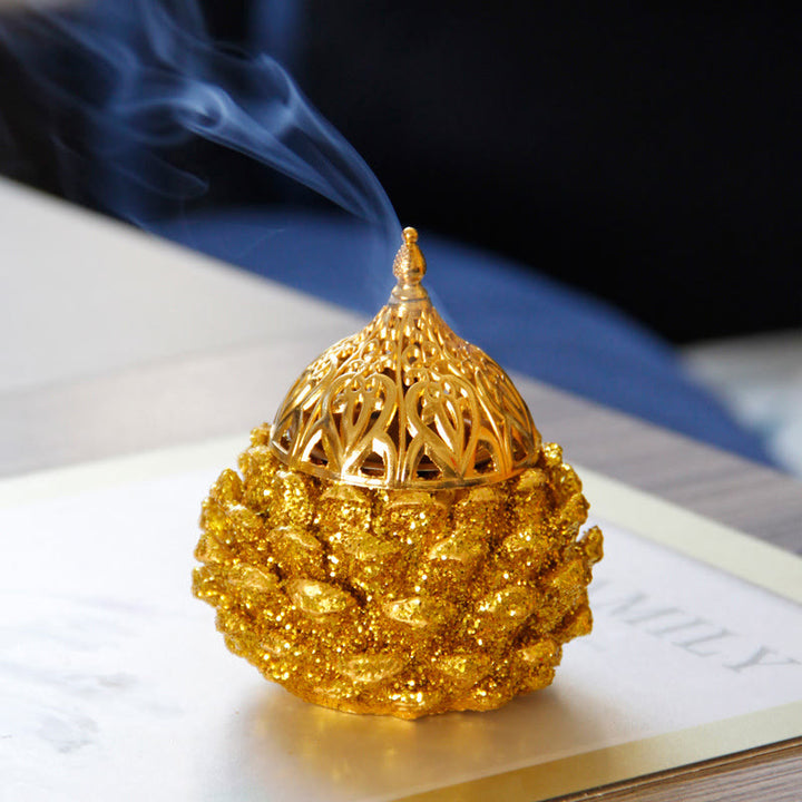 Gold Pine Cone Pattern Spiritual Rituals Mini Incense Burner Home Tabletop Decor