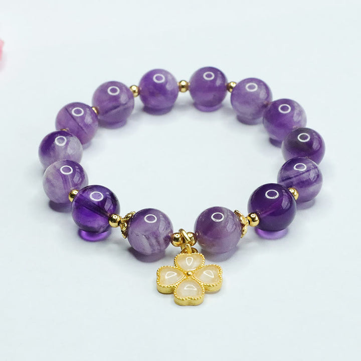 Buddha Stones Natural Amethyst Crystal Inner Peace Four Leaf Clover Charm Bracelet