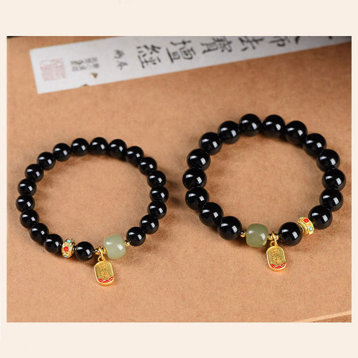 Buddha Stones Black Onyx Hetian Jade Bead Lucky Fortune Charm Bracelet