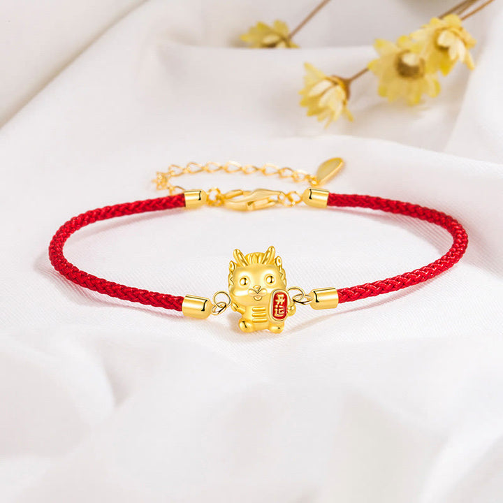 Buddha Stones 925 Sterling Silver Year Of The Dragon Lucky Golden Dragon Strength Red Rope Chain Bracelet