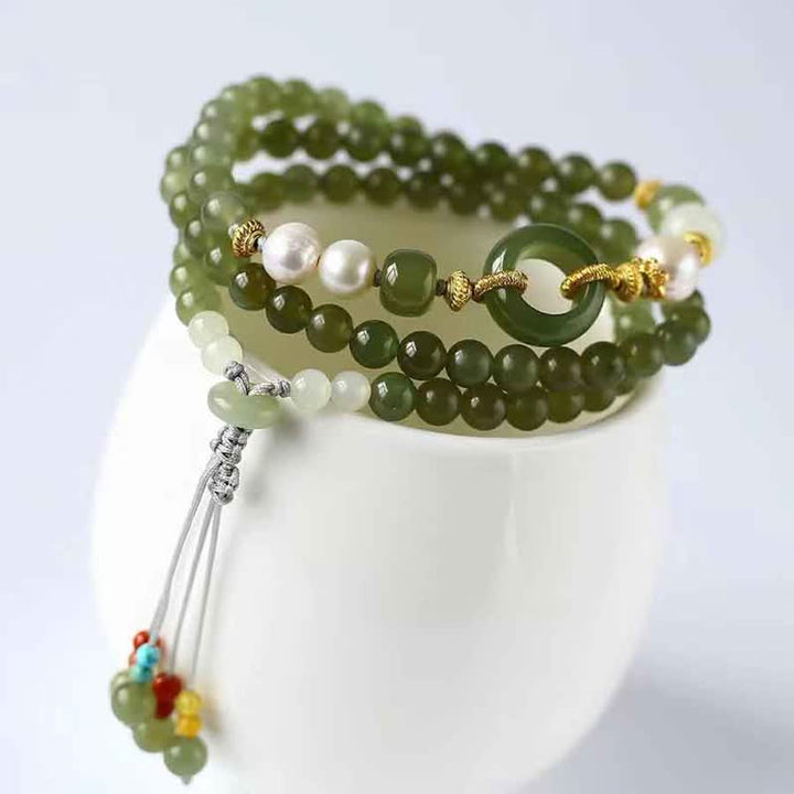 Hetian Jade Pearl Peace Buckle Luck Wealth String Bracelet