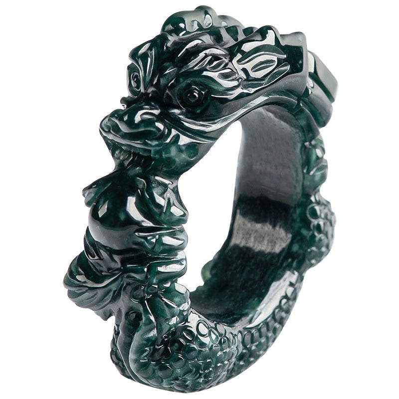 Buddha Stones Natural Cyan Jade Dragon Carved Success Ring