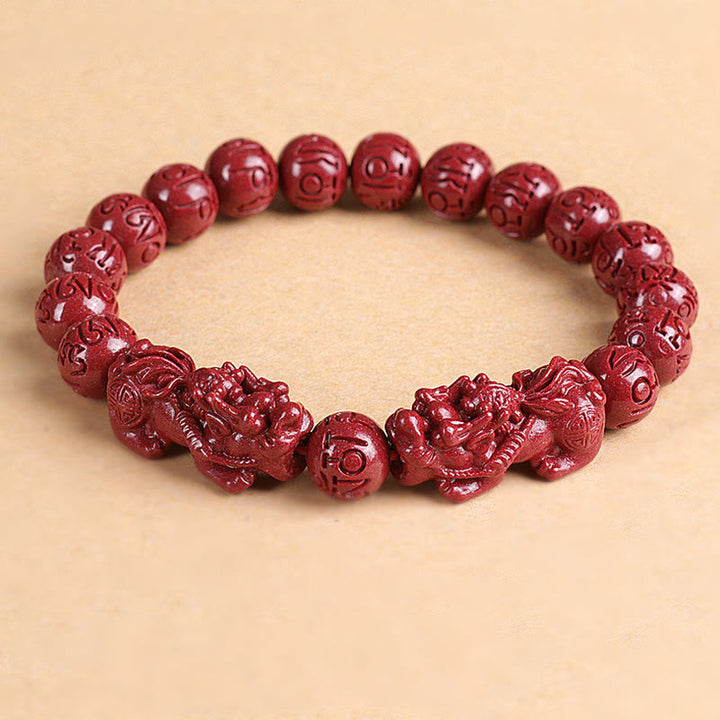 Natural Double PiXiu Cinnabar Om Mani Padme Hum Wealth Luck Bead Bracelet