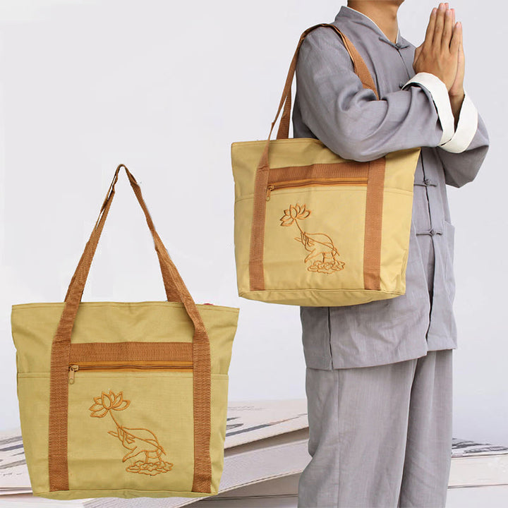 Spiritual Mind Practice Lotus Embroidery Pattern Canvas Shoulder Bag Tote Bag