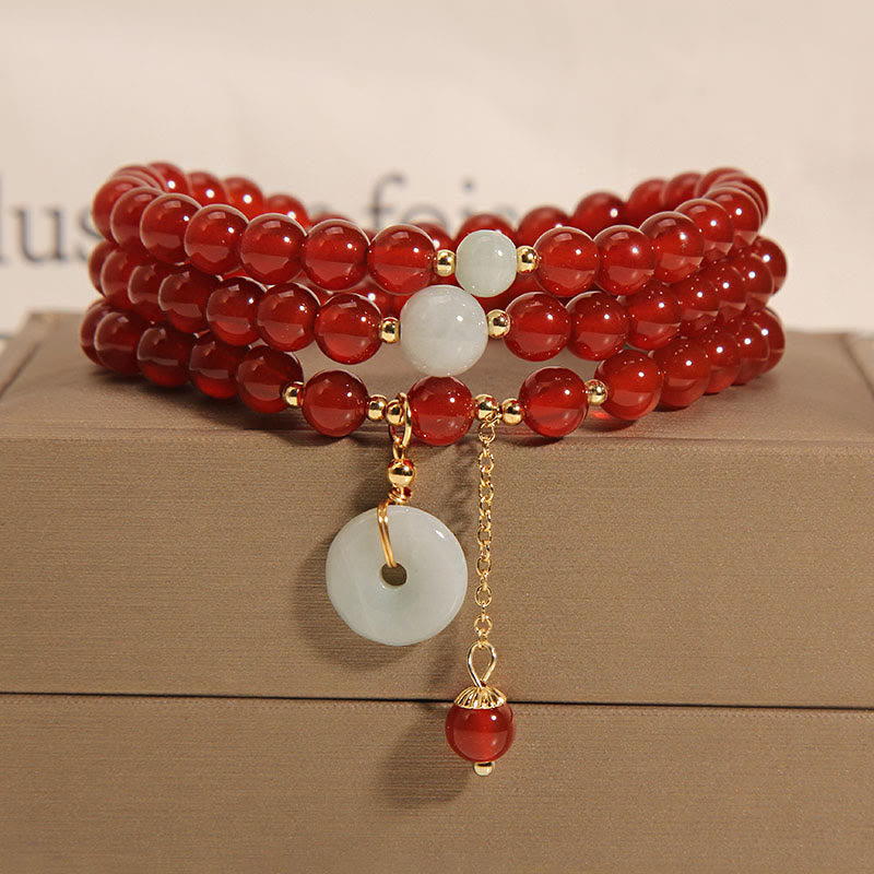 Buddha Stones Natural Red Agate Jade Peace Buckle Calm Triple Wrap Bracelet