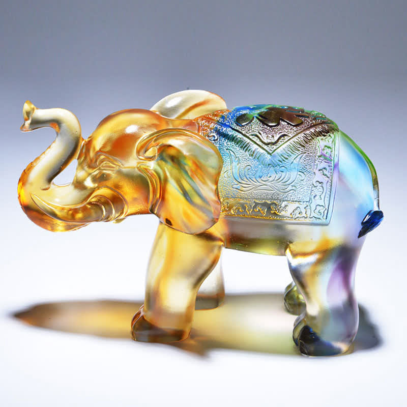 Handmade Liuli Crystal Elephant Art Piece Wisdom Wealth Home Decoration