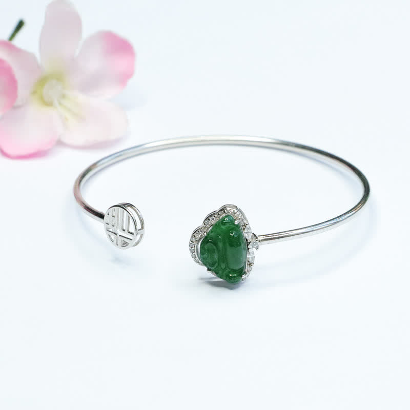 Buddha Stones 925 Sterling Silver Laughing Buddha Jade Luck Bracelet Bangle