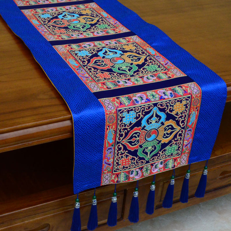 Buddha Stones Prayer Altar Mat Man-Bcu Kalachakra Endless Knot Vajra Tibetan Auspicious Symbols Tassels Table Runner