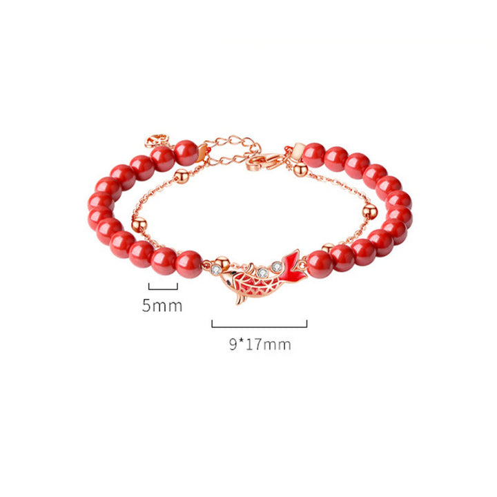 Buddha Stones 925 Sterling Silver Lucky Koi Fish Cinnabar Zircon Prosperity Double Layer Chain Bracelet