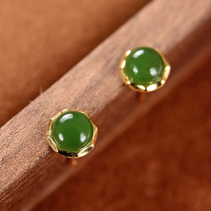 Buddha Stones 925 Sterling Silver Plated Gold Natural Hetian Cyan Jade Bead Luck Stud Earrings