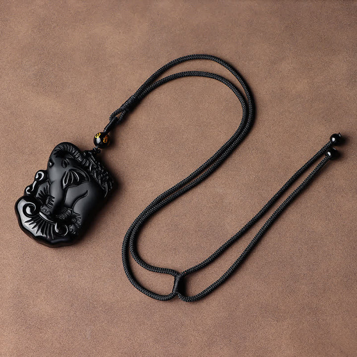 Black Obsidian Elephant Protection String Necklace Pendant Key Chain