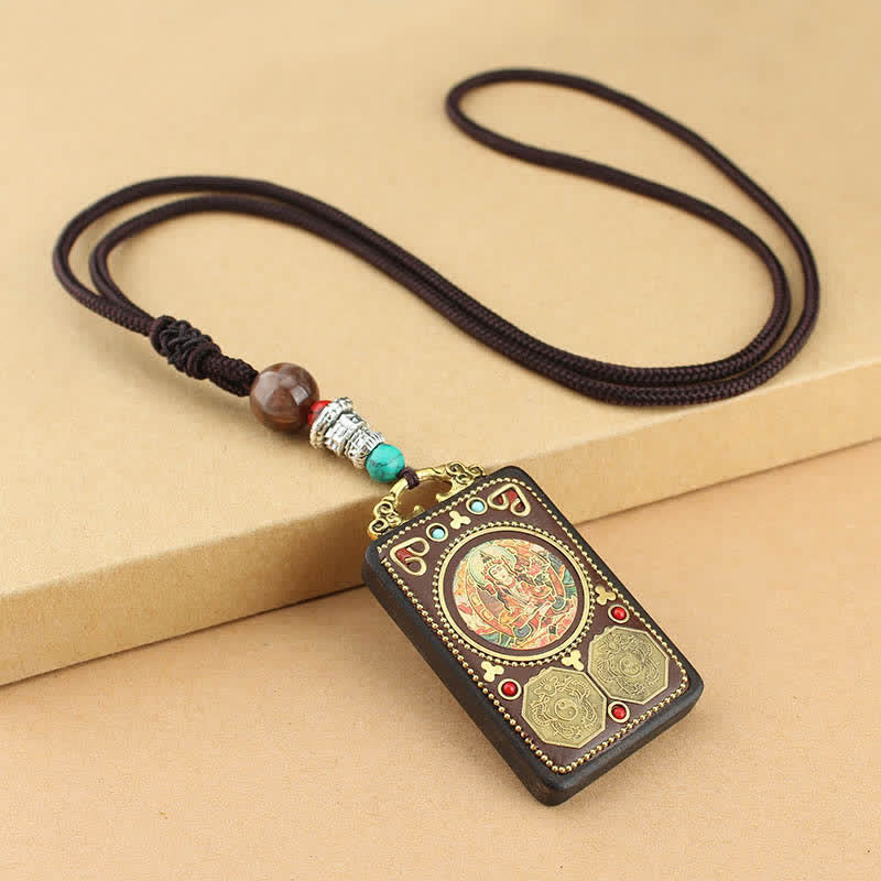 Buddha Stones Tibet God of Wealth Thangka Ebony Peace Necklace Pendant