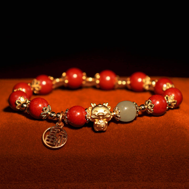 Buddha Stones Year of the Dragon Natural Cinnabar Fu Character Charm Blessing Bracelet