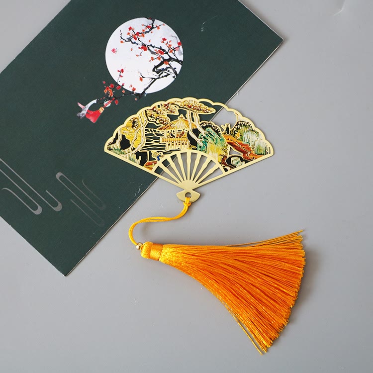 Buddha Stones Traditional Butterfly Lotus Flower Crane Dragon Phoenix Fox Koi Fish New Beginning Metal Brass Hollow Fan Bookmarks