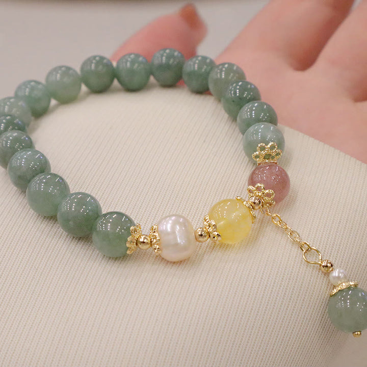 Buddha Stones Jade Pearl Strawberry Quartz Abundance Luck Bead Charm Bracelet