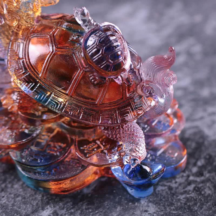 Buddha Stones Feng Shui Dragon Turtle Coins Handmade Liuli Crystal Luck Art Piece Home Office Decoration