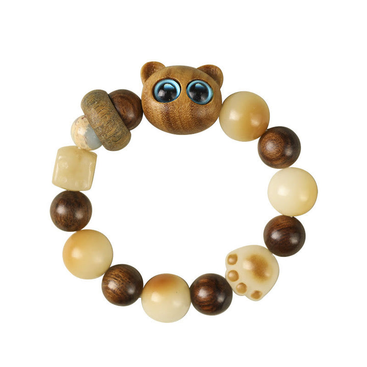 Buddha Stones Natural Bodhi Seed Sandalwood Lucky Cute Cat Head Paw Claw Peace Bracelet