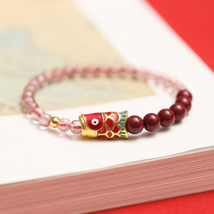 Buddha Stones Natural Strawberry Quartz Cinnabar Lucky Koi Fish Healing Bracelet