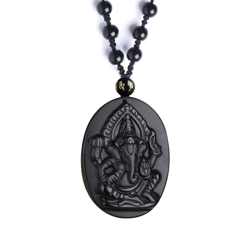 Buddha Stones Tibetan Obsidian Ganesh Ganpati Elephant Wealth Amulet Necklace